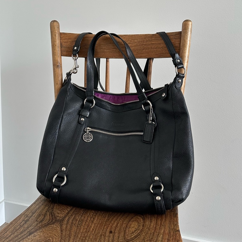 Coach F17566 Leather Alexandra Convertible Pebble Leather Tote Black/Purple